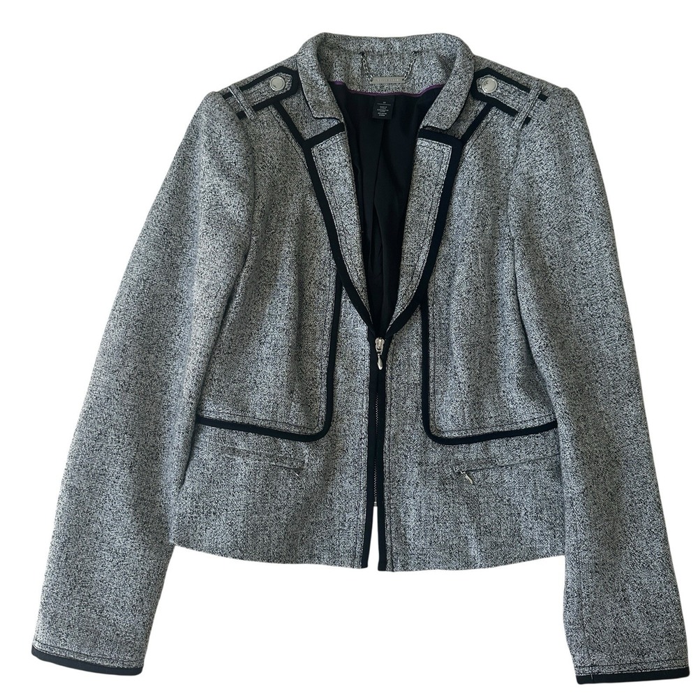 White House Black Market Jacket‎ Blazer Women's Size 10 Black Gray Tweed Zip